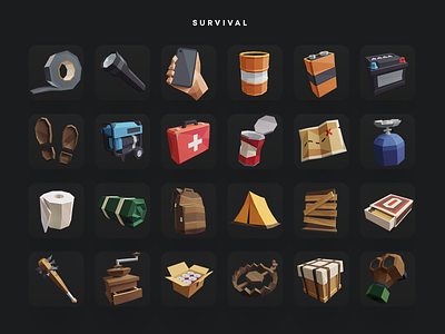 Low Poly Icon Pack: Survival 3d blender3d color darkfejzr game icon icons illustration kit lowpoly lowpoly3d lowpolyart polygon polyperfect ui