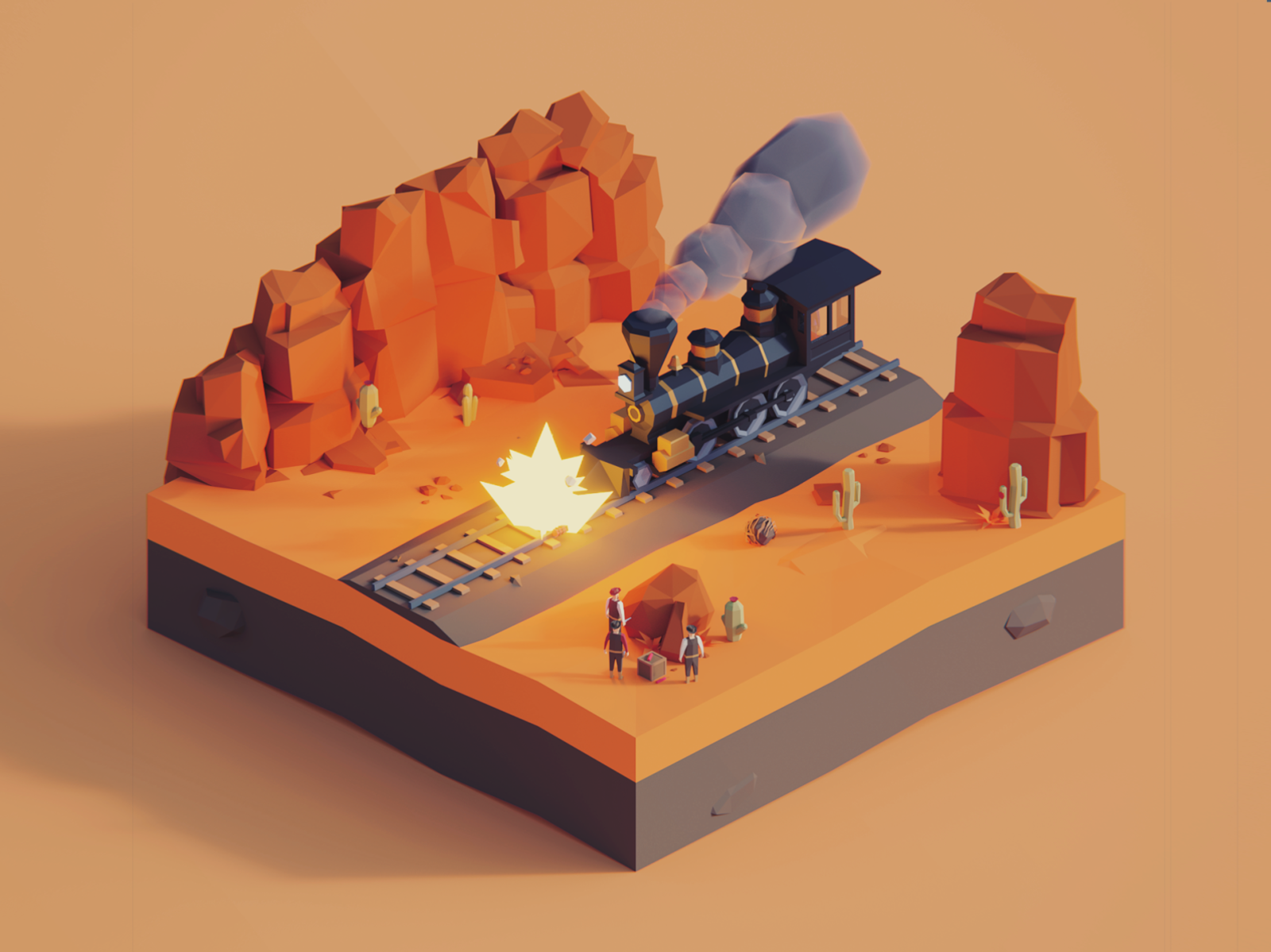 Low Poly Worlds: Train Robbery 3d art blender3d color darkfejzr environmet game gaming illustration lowpoly polyperfect story train unity3d west western wild
