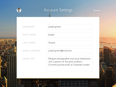 Shot 073 - Account Settings details form interface light minimal photography profile settings typography ui user
