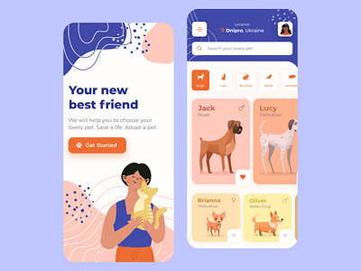 Pet Friend | Pets Adoption App adopt adoption animal app app design clean colors concept dog dog home illustraion mobile mobile app mobile ui pet adoption pets pets donation shelter ui ux