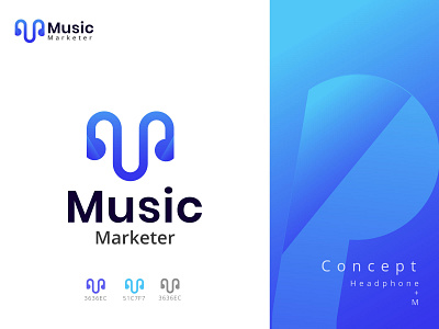 Music logo design with headphone+M latter
