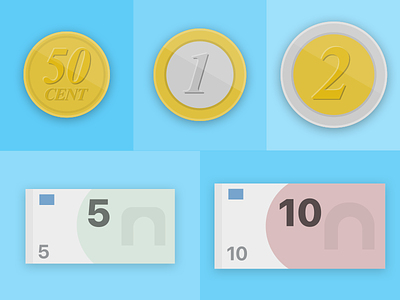 Euro Coins and Notes - Mobile App Concept bank cent coins euro fifty five notes one ten two