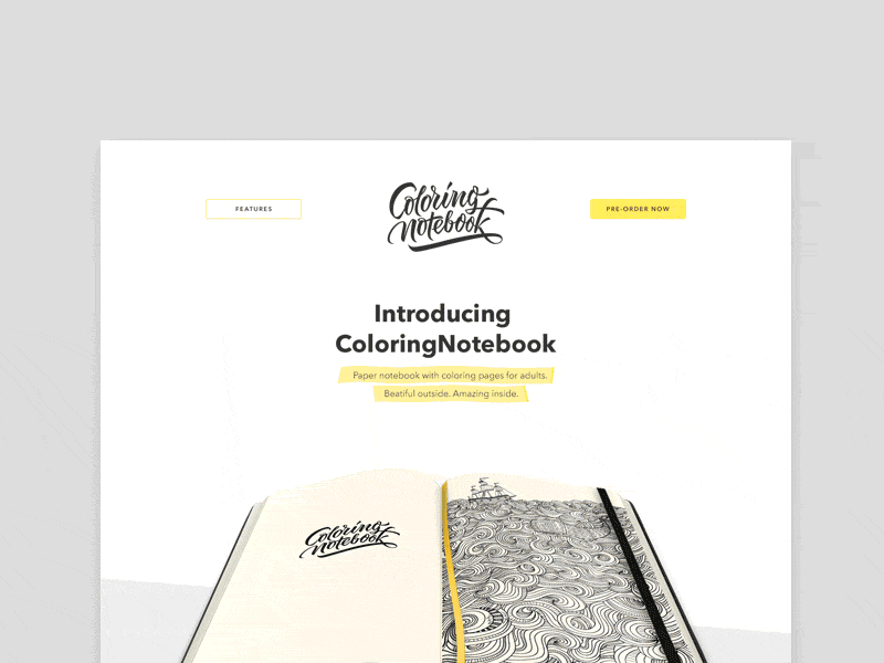 ColoringNotebook — Landing Page Design animation clear landing minimalism minimalist motion page parallax ui web website white
