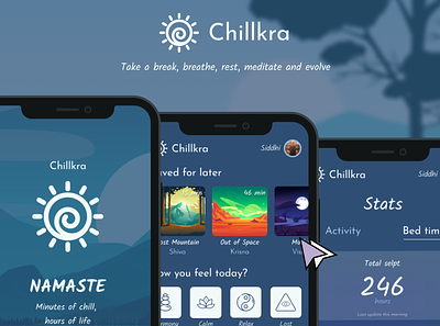 Chillkra: Meditation App app buda figma meditation music prototype stats ui ux video visualdesign yoga
