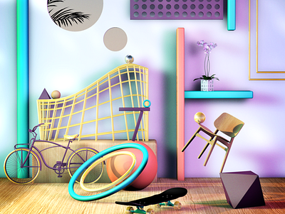 Abstract Balance Room 3d abstract bike cgi chair piramid plant room skateboard sphere