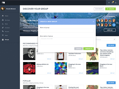 Groups dashboard features groups members modal platform