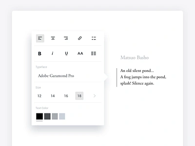 Minimal Rich Text Popup choose color choose font cms content editor design editor first rebound haiku minimal minimalist poem poetry rich text rich text popup style text text control text icons text popup typography ui ui ui ux