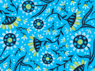 Folksy Floral - Blue colored pencil floral illustration pattern