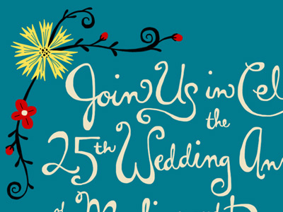Anniversary Card blue flowers script type wedding