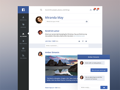 Facebook redesign - light blue chat dark facebook flat interface mobile network redesign social web