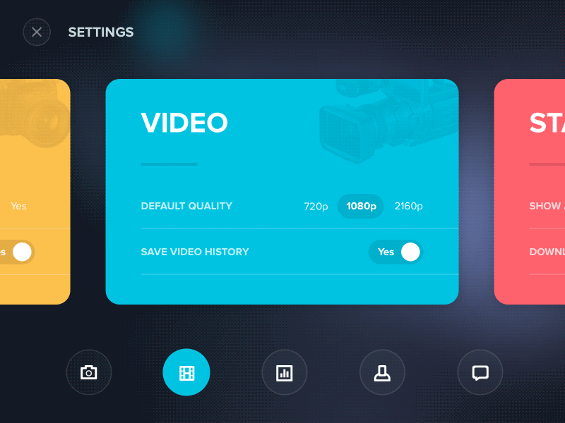 Settings fun navigation cards settings animations colors navigation big blue red yellow flat elastic bouncy