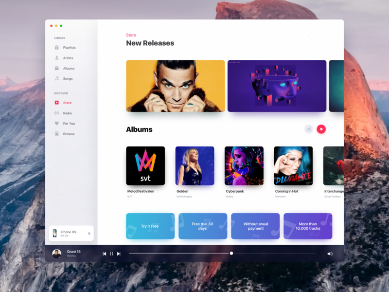 Apple OS Music Redesign available albums app apple blur design desktop interface ios mac music player shadow songs store ui