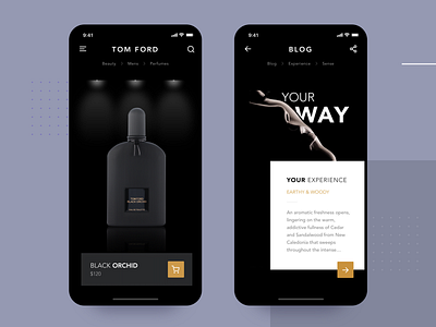 Luxury Perfume App app apple black blog design ecommerce flat interface ios luxury material mobile mockup perfume product shopping ui