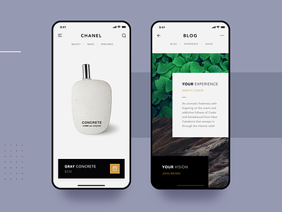 Luxury Perfume App app beauty buy chanel clean concrete ecommerce flat interface ios list luxury material mockup perfume photography store ui