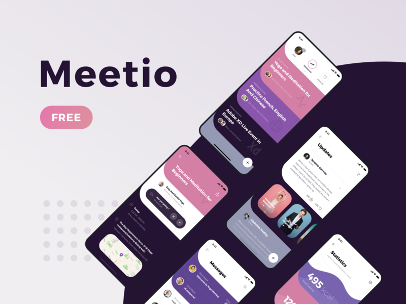 Social Meet Up UI Kit adobexd app apple cards color curve flat free freebie interface kit material mobile round rounded ui unique xd