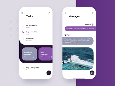 Tasks & Messages app best clean flat interface ios list management material message minimalist mobile mockup project purple send simple task todo ui