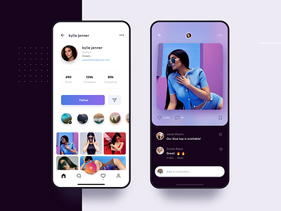 Instagram Redesign Visual Concept account app blur clean color comment fashion flat gallery gradient interface list material mobile model photo profile ui vector viewer