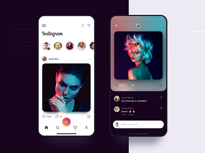 Instagram Redesign Visual Concept app clean clothing comment fab fashion flat gallery gradient instagram list material minimalist photo stories ui