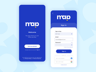 MAP Redesign Exploration app application blue button create account screen sign in sign up ui