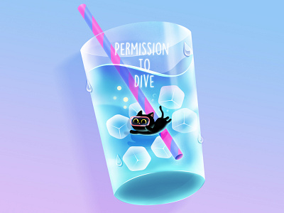 Permission to Dive! blackcat cat character diving drawing ice ice drink illustration permission to dive