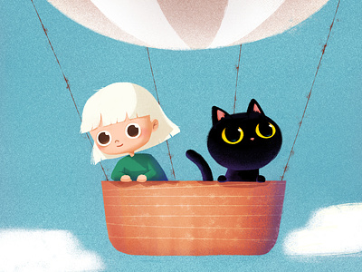 Sky travel 🎈 air balloon black cat cat character character design cute digitaldrawing doodle drawing girl character illustration ipad painting photoshop picturebook sky