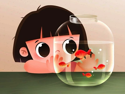 Girl with fishes character cute digital art drawing fish fishbowl girl illustration vector