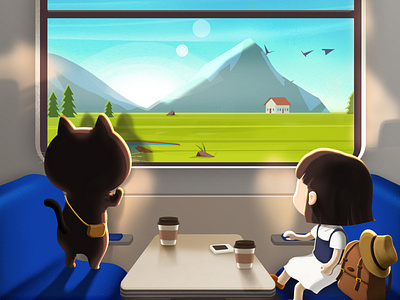 Train travel 🚃🚃🚃 cat character cute doodle drawing girl illustration photoshop train travel