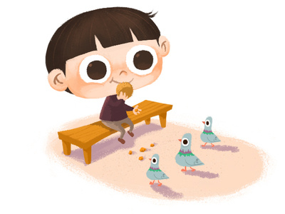 a Boy and pigeons character design illustration