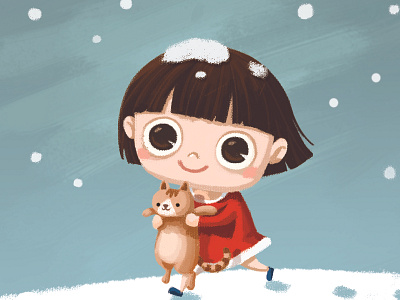 snow walking cat character design girl illustration