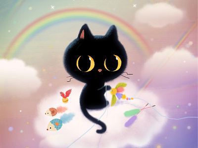 Cat toys beyond the rainbow animal blackcat cartoon cat cattoy character cloud color concept creative cute design doodle drawing illustration mouse photoshop rainbow toy
