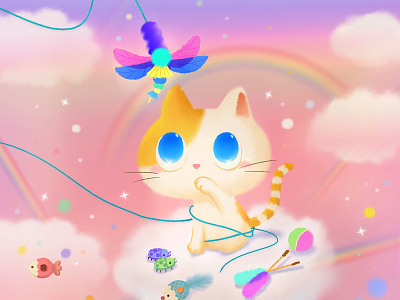 Playing cat with her toys. animal cat cattoy character cloud color cute digital illustration digital painting digitalart doodle drawing fish illustration kasha kasha photoshop pink rainbow sky toy