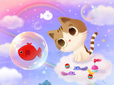 Watching fish in the bubble aquarium bubble cat cattoy cloud fish kasha kasha mouse rainbow