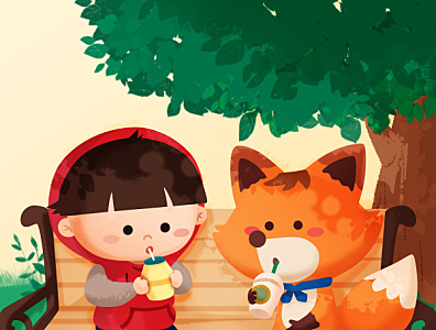 Under the tree boy character character art characterdesign chillingtime cute doodle drink fox friendship illustration photoshop poodieandfori summer tree underthetree vector