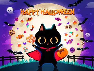 Getting Ready! 👻🎃🎩 blackcat candy cat character cute drawing dribbbleweeklywarmup halloween halloween party illustration moon photoshop trickortreat
