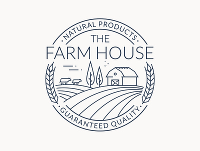 Farmhouse logo with cows and wheat agriculture countryside cow eco food emblem farm farm house farmhouse farming field grain hill line linear logo logotype natural products outline vector wheat