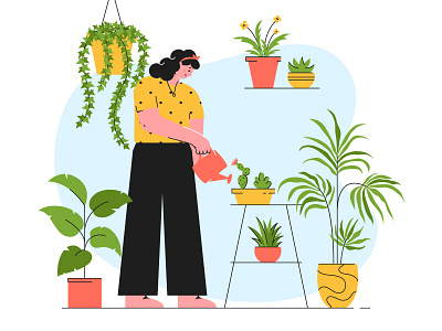 Houseplant care care character girl houseplant illustration plants slow living vector woman