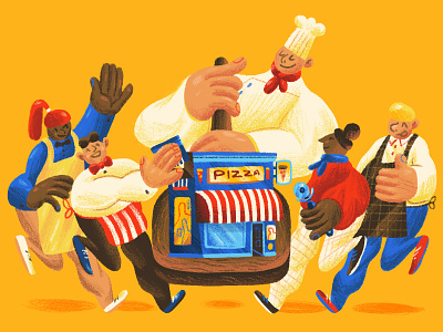 A Fair Slice - Mother Jones art direction blue bright brown character design chef color colour editorial editorial illustration food illustration magazine illustration newspaper illustration pizza red take away yellow