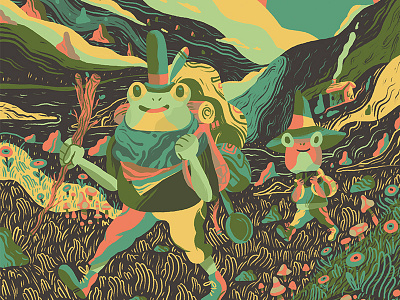 Adventurous Mr. Frog adventure color exploration flowers for sale frogs hills illustration landscape mushrooms travel