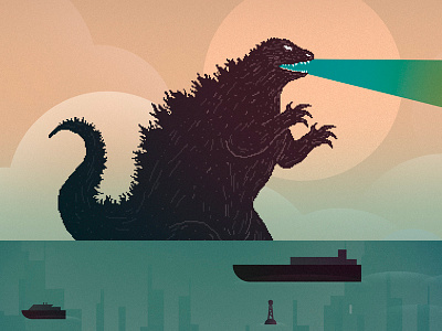 Godzilla boats cityscape godzilla illustration pixel art silver screen society sss water zilla