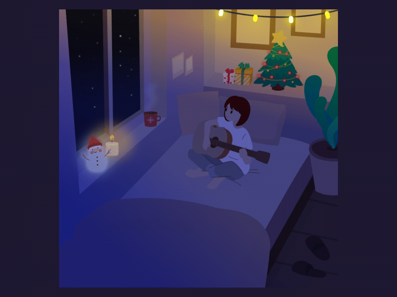 Christmas Room Animated 2d animation after affects animation bedroom candle cartoon character character animation christmas design character girl girl illustration guitar hot chocolate illustration motion animation motion design room snowman starry night vector animation