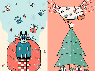 Christmas Illustrations for a contest children book illustration childrens illustration christmas christmas illustration christmas tree colorful cow cow illustration facebook banner facebook post flat gifts illustration