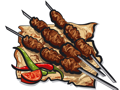 Kebab With Pita creative creative illustration drawing east food grill grilled illustration kebab meal meat peppers pita tomato vector