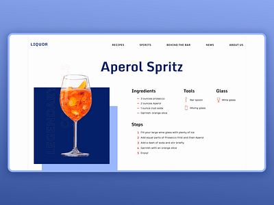 Aperol Spritz cocktail recipe page concept alcohol aperol bar blue cocktail concept design dribbble minimal minimalism orange recipe typogaphy ui ux web