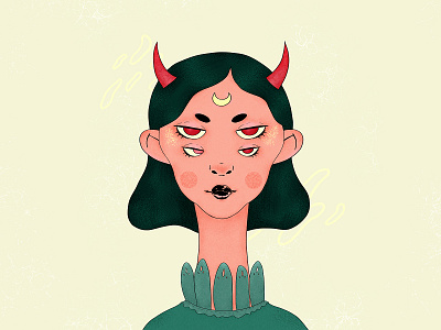 Demoness character demon demoness design digital drawing girl character green illustration portrait red redraw surreal texture wacom intuos