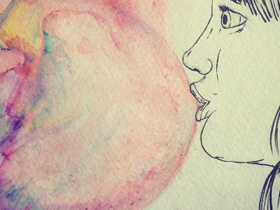 Ink and watercolor first phase bubble face gum hair illustration ink lines organic watercolor woman