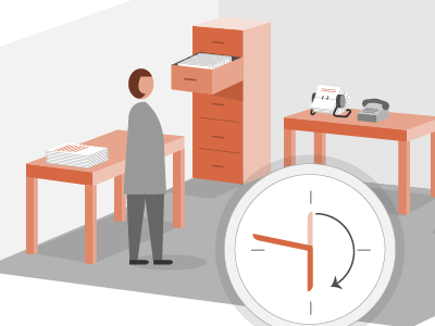 Office illustration 3d clock desk illustration isometric office phone rolodex time vector woman