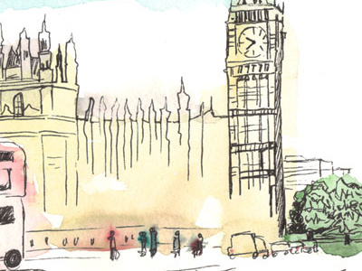 Watercolor scenes clock illustration london road scenery sketch tower watercolor