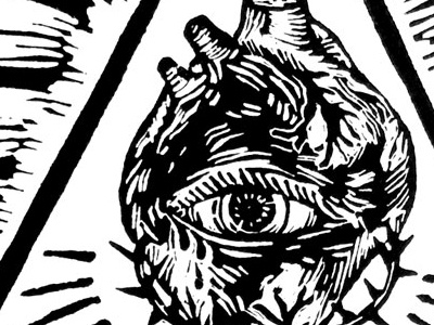 Sacred Heart Illuminati linocut drawing eye heart illustration lino print printmaking