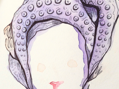 Tentacle head watercolor illustration color paint hair head woman face lips fashion hands horror