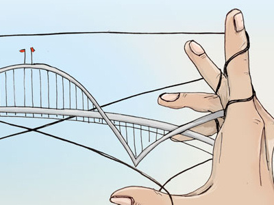Fremont Bridge blue bridge brown cats cradle flesh hand drawn hands illustration ink string